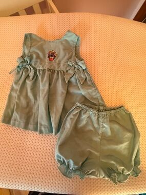 Vintage Teal Dress and diaper cover with Embroidered Flowers